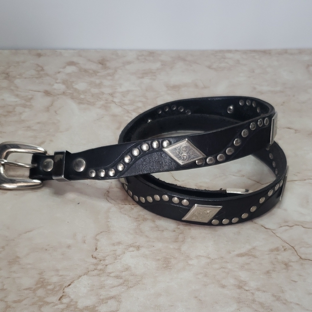 Vintage Studded Black Leather Belt with Silver Accents